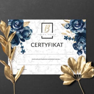 certyfikaty na szkolenia ze złotym logiem i granatowymi kwiatami