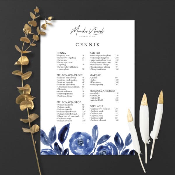 plakat z cennikiem niebieskie kwiaty do studia urody
