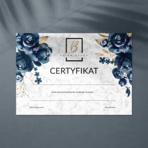 marmurkowe certyfikaty dla kosmetologów z granatowymi kwiatami