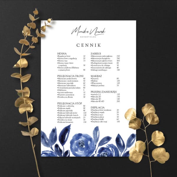plakaty cenniki niebieskie kwiaty do salonu fruzjerskiego