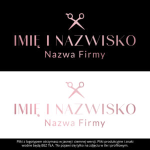 Logotyp z różowymi nożycami na czarnym tle