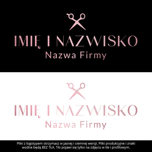 Logotyp z różowymi nożycami na czarnym tle