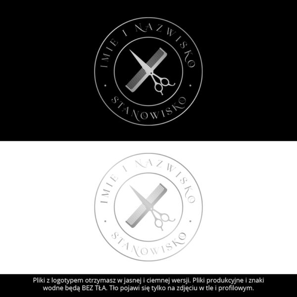 Logotyp na czarnym tle z nożycami i grzebieniem