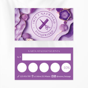 fioletowe karty rabatowe z fryzjerskim logo