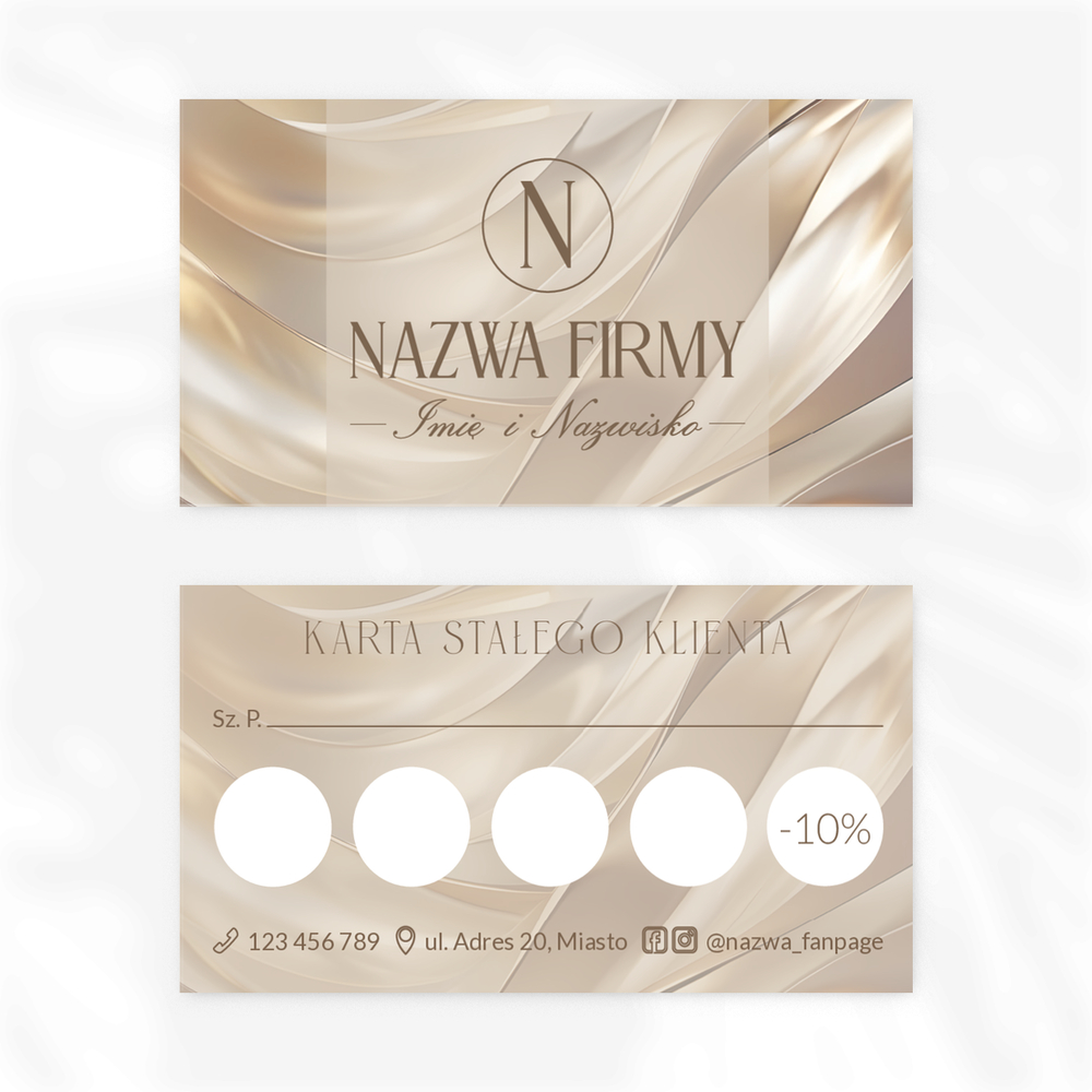 karty rabatowe z okrągłym logo na tle złocistych smug
