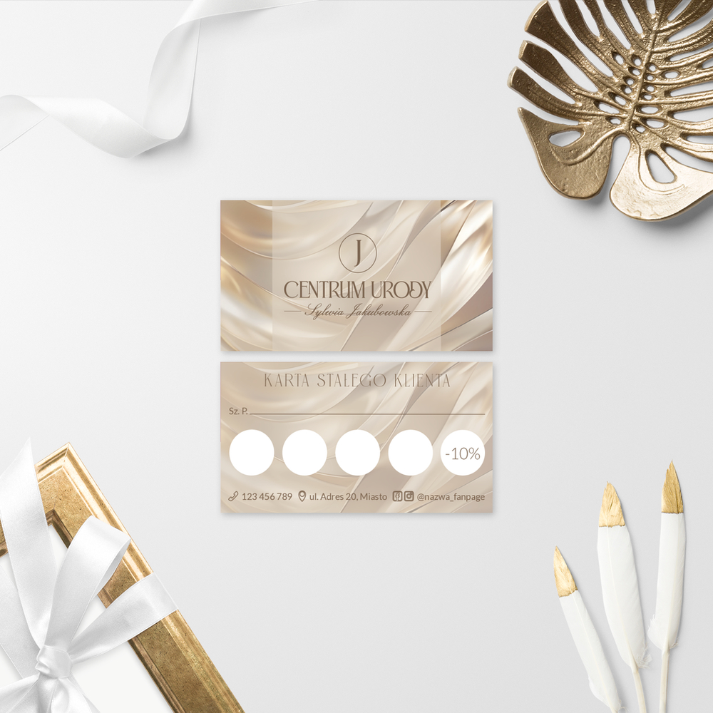 karty stałego klienta złociste smugi z logo salonu kosmetycznego