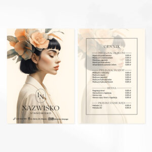 ulotki promocyjne bezowe tło i logo z kwiatami we włosach