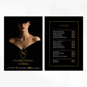 ulotki reklamowe tajemnicza kobieta w czarnej sukience i złote logo