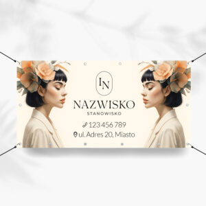 baner reklamowy beżowy portret kobiety z kwiatami we włosach