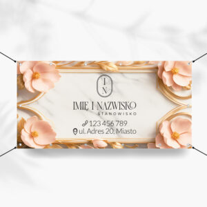 baner reklamowy różowe kwiaty i czarne logo na tle marmuru