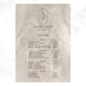 plakat z cennikiem usług owalne logo i beżowe liście