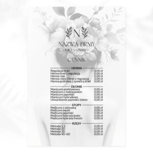 cennik w formie plakatu kobieta z kwiatami we włosach