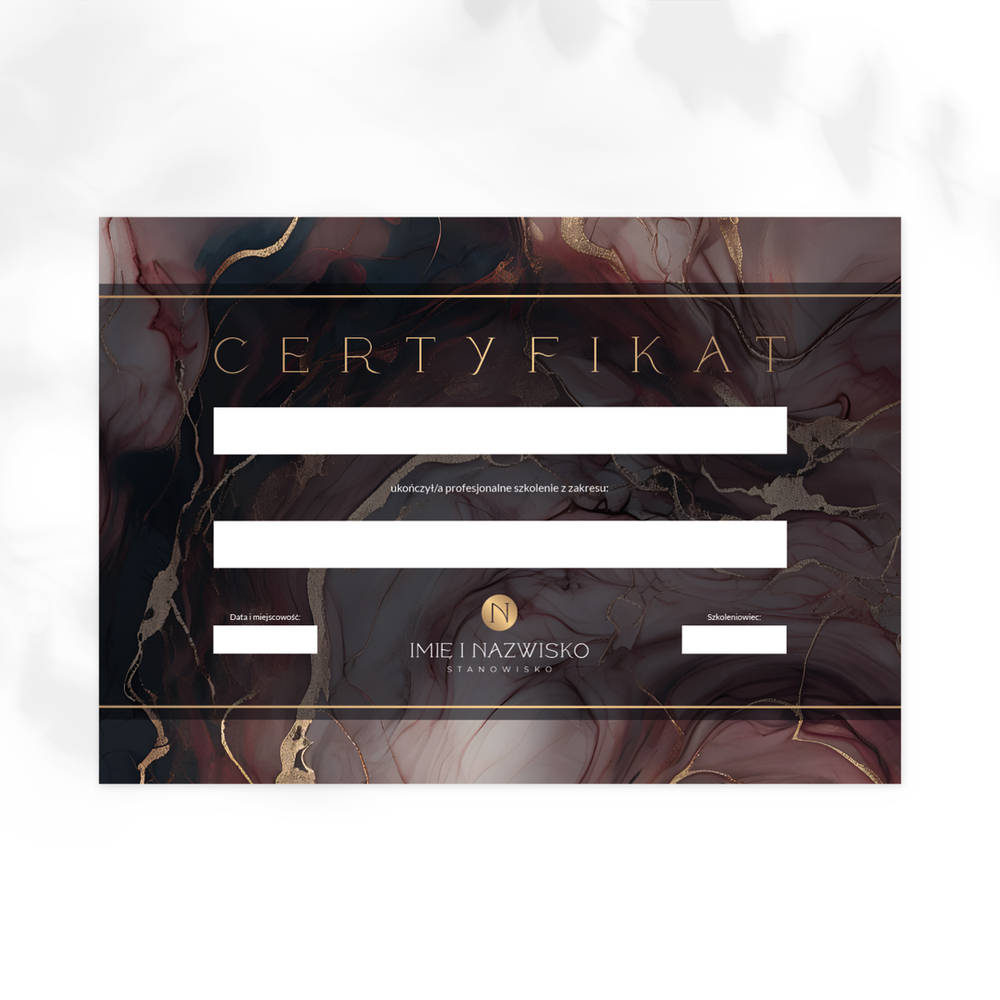 certyfikaty na szkolenia z ciemnym marmurkiem i złotym logo