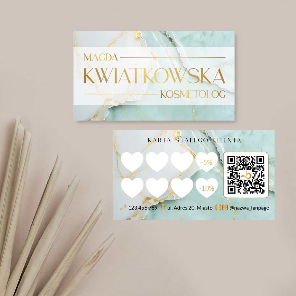 karty stałego klienta do salonu kosmetycznego - marmur i złote logo