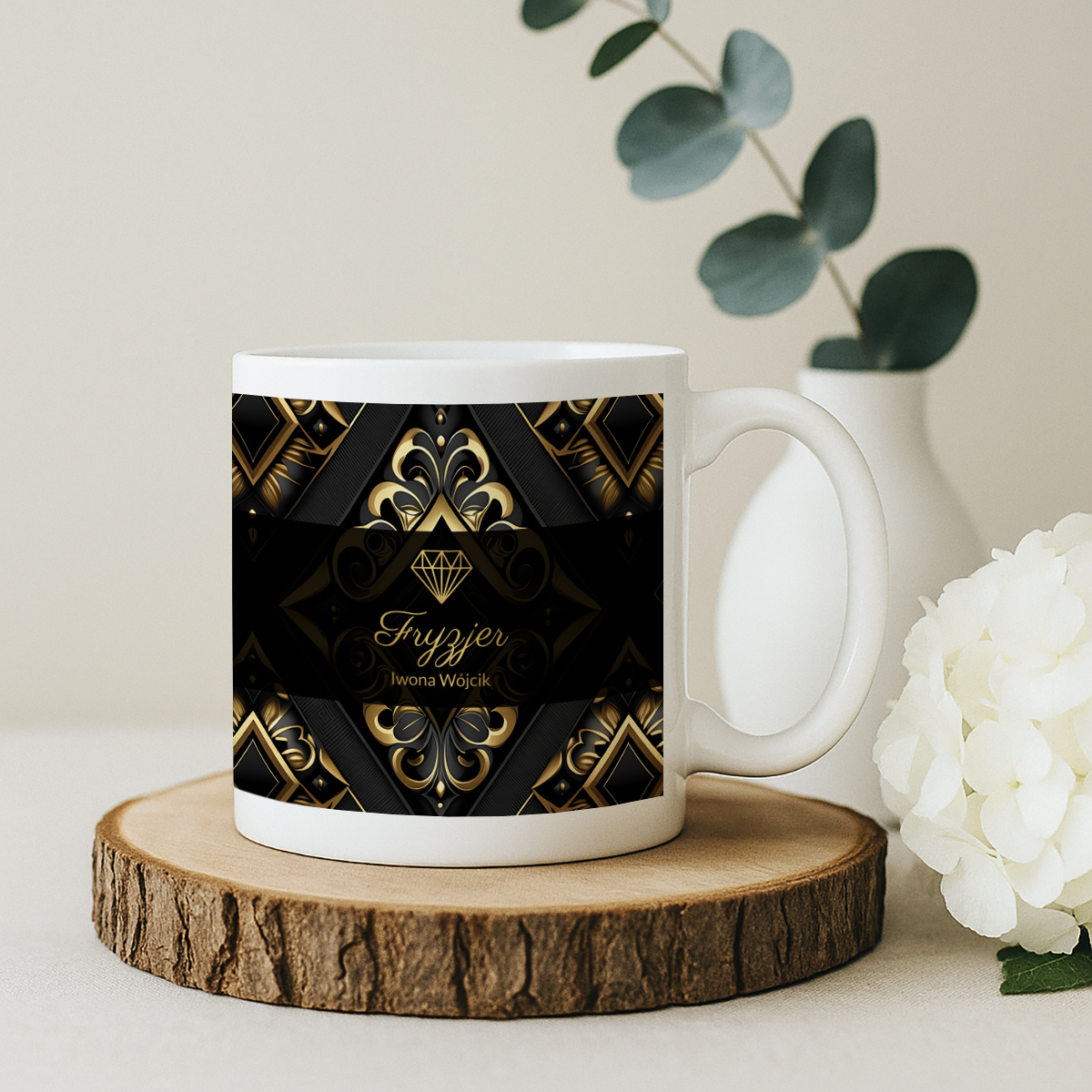 kubek firmowy z imieniem i nazwiskiem dla fryzjera