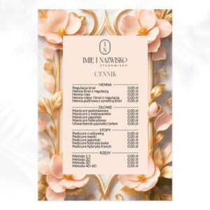 cennik w formie plakatu różowe kwiaty i owalne logo