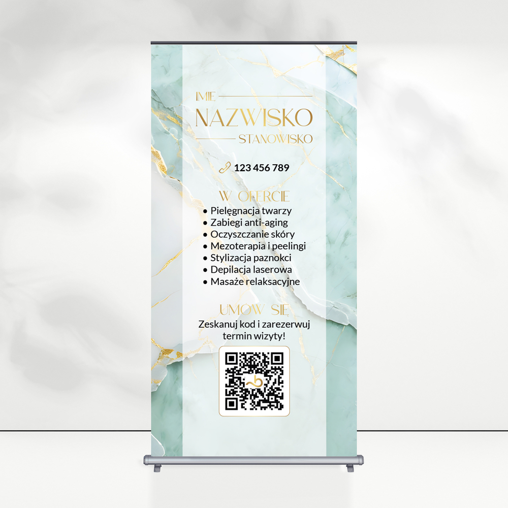 roll up do gabinetu miętowy marmur i złote logo