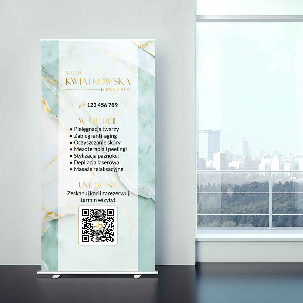 roll up firmowy do salonu kosmetycznego złote logo i marmur