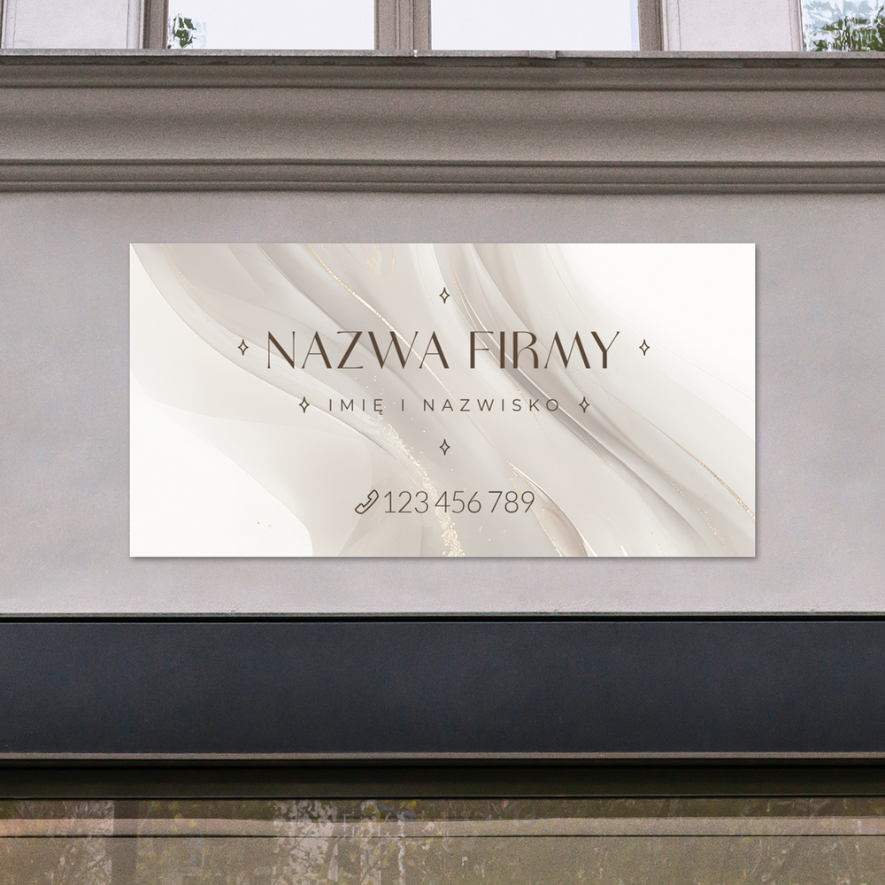 szyld reklamowy logo z gwiazdkami i beżową smugą