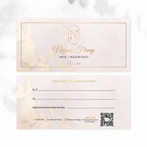 vouchery podarunkowe ze złotym logo i beżowym marmurem
