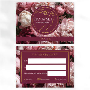 vouchery złote logo dłoń i stopa z różowymi piwoniami