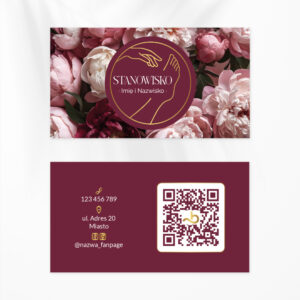 wizytówki różowe piwonie i złote logo z dłonią i stopą