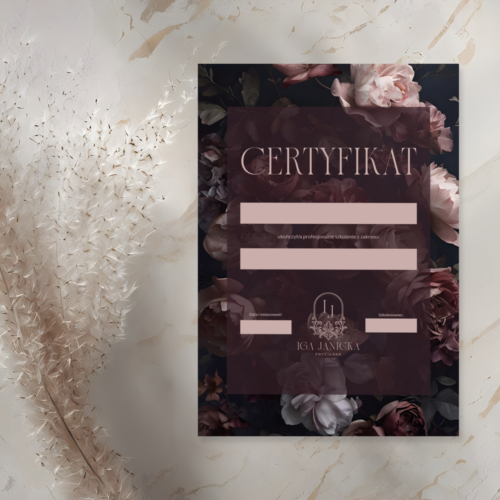 Certyfikaty dla kursanta bordowe kwiaty