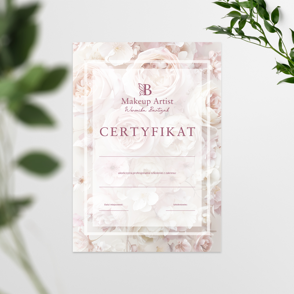 certyfikat potwierdzający udział w szkoleniu z różowymi kwiatami
