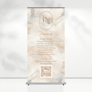 roll up z logo firmy z owalnym logo na tle marmuru