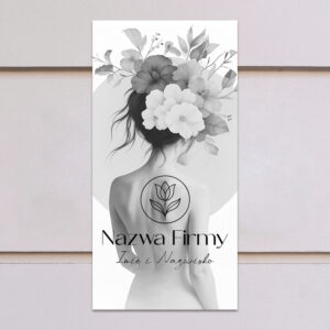 szyld reklamowy z logo firmy kobieta z kwiatami we włosach