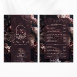 ulotki reklamowe w bordowe kwiaty i logo z ornamentami