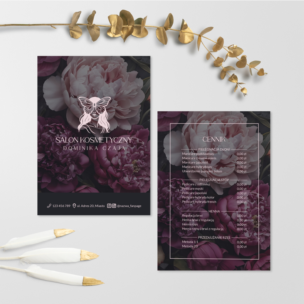 ulotki promocyjne dla kosmetologa z kwiatowym tłem motylem i kobietą