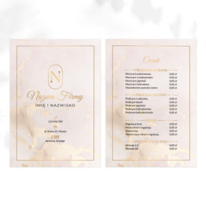 ulotki promocyjne beżowy marmur i złote logo w owalnej ramce