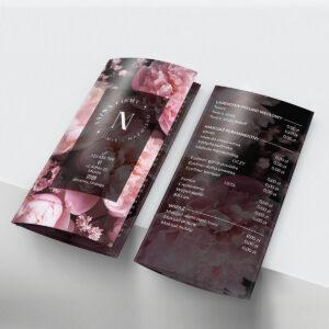 Kwiatowe ulotki składane z listą usług i okrągłym logo