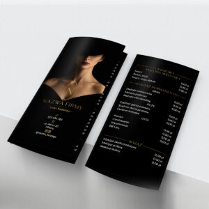 Ulotki składane kobieta w kapeluszu i logo w złotym kolorze