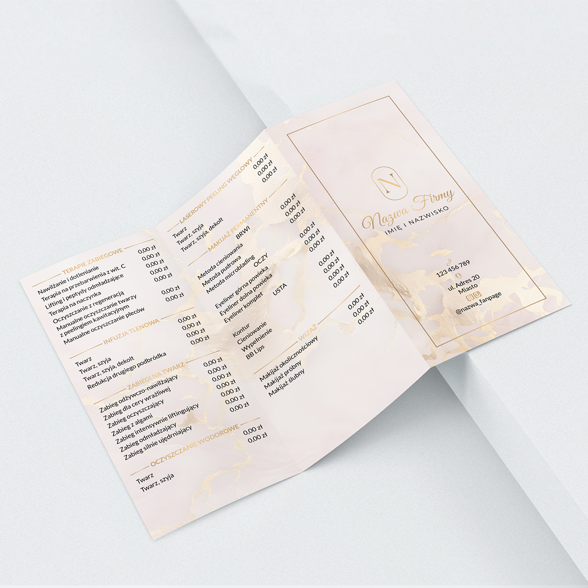 Broszury reklamowe z marmurem i owalnym logo w złotym kolorze