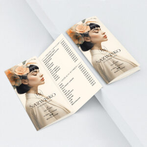 Ulotki z cennikiem z owalnym logo i portretem kobiety