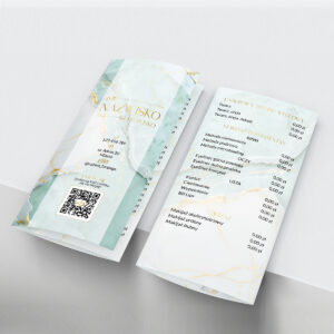 Ulotki składane z miętowym marmurkiem i logo w złotym kolorze