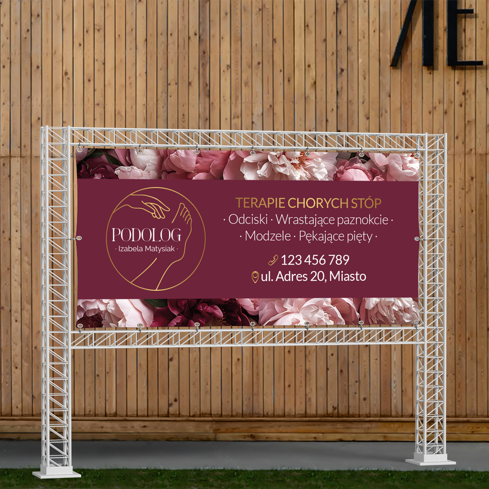 Bordowy baner reklamowy z ilustracją stopy i dłoni - obrazek 3