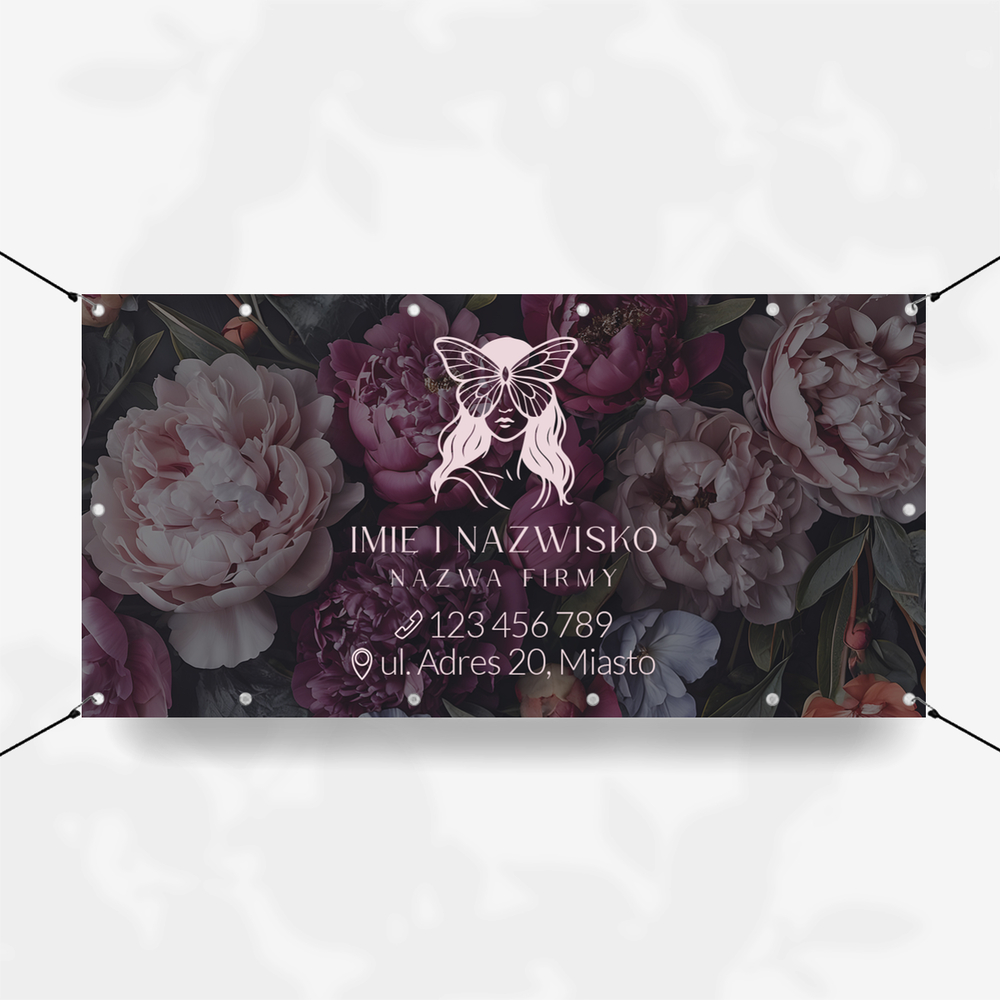 Kwiatowy baner reklamowy kobieta z motylem na twarzy