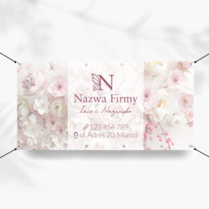 Różowy baner reklamowy z kwiatami i motylem