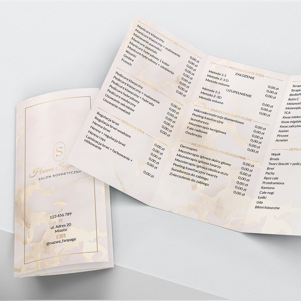 Broszury reklamowe z marmurem i owalnym logo w złotym kolorze - obrazek 3