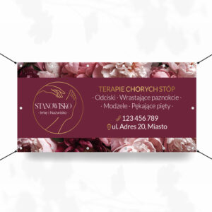 Bordowy baner reklamowy z ilustracją stopy i dłoni