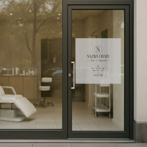 Reklama na szybę z inicjałem w okrągłej ramce