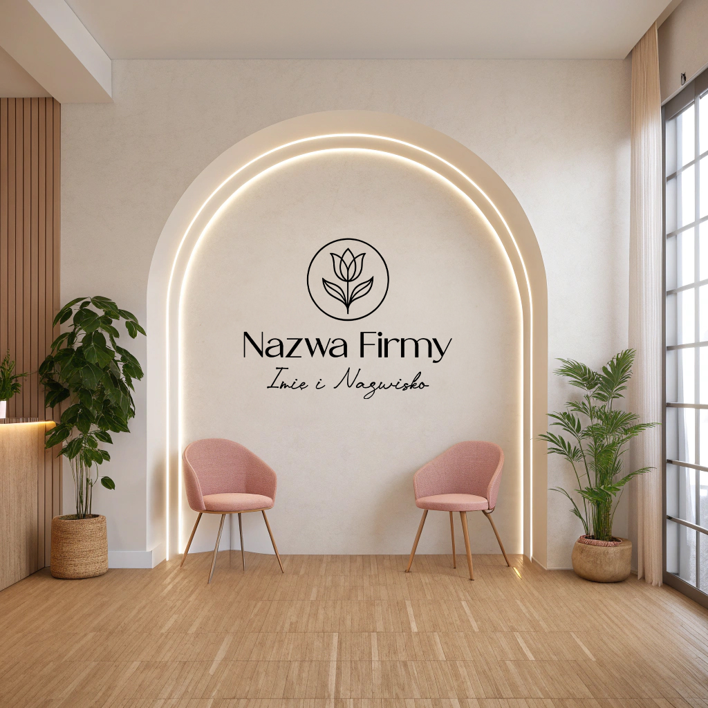 Naklejka na ścianę z nazwą firmy i tulipanem