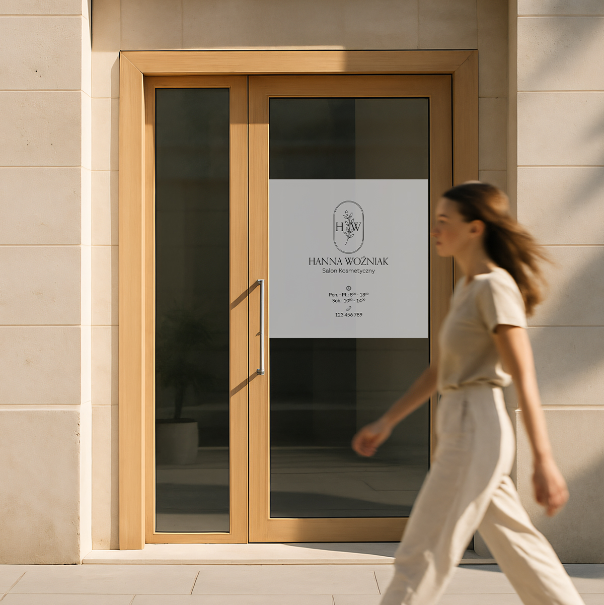 Naklejka na witrynę z owalnym logo i botanicznym wzorem - obrazek 3