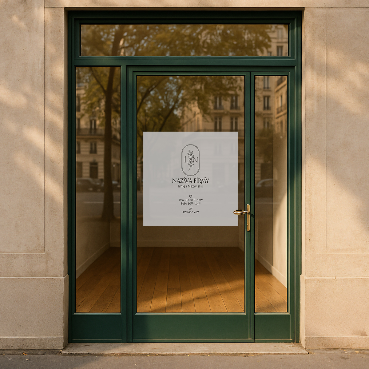 Naklejka na witrynę z owalnym logo i botanicznym wzorem - obrazek 2