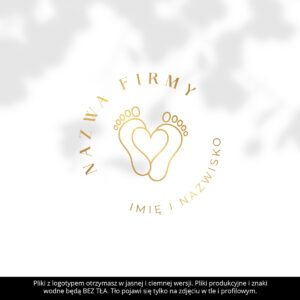 Okrągłe logo z ilustracją złotych stóp