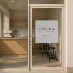 Reklama na szybę z nazwą firmy