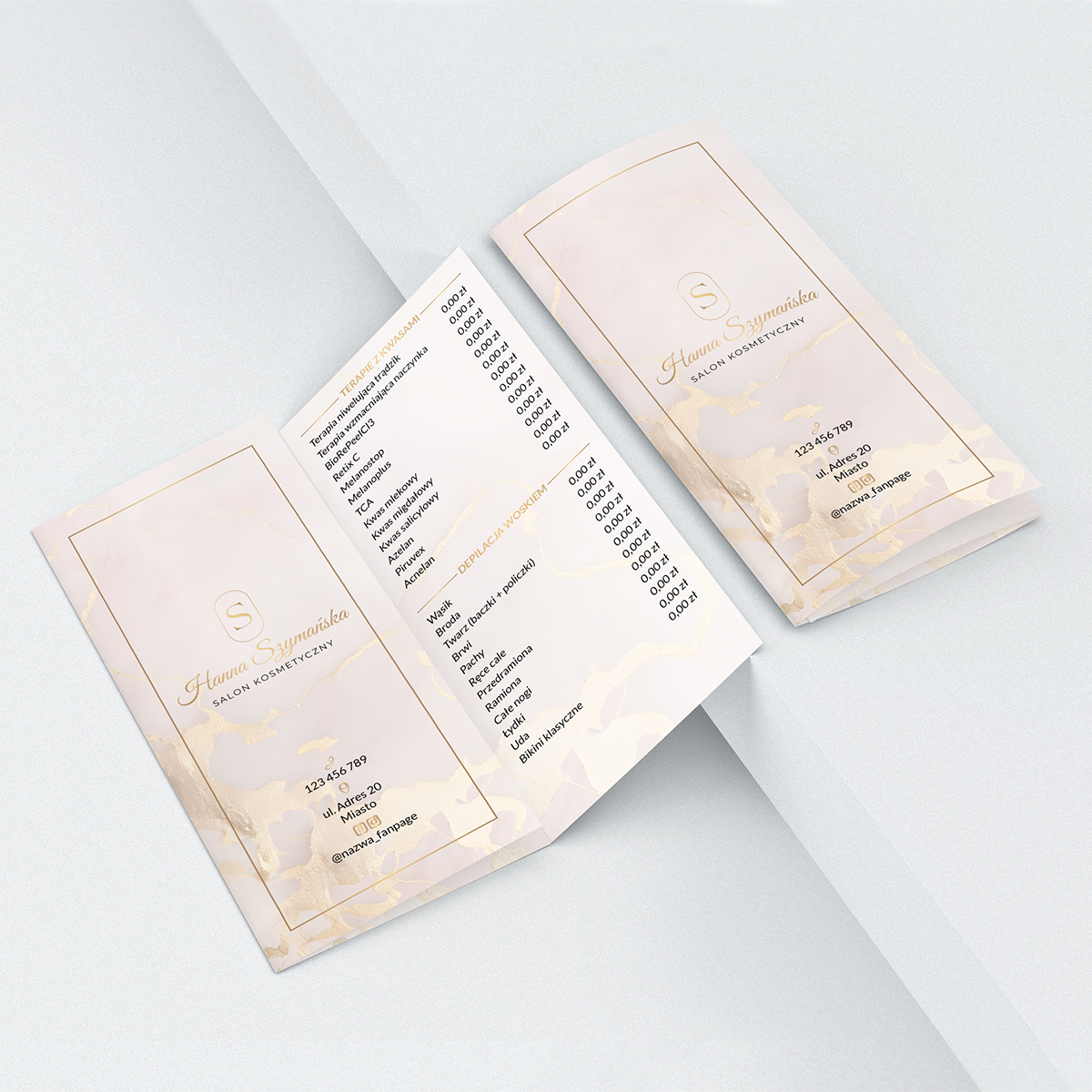 Broszury reklamowe z marmurem i owalnym logo w złotym kolorze - obrazek 2